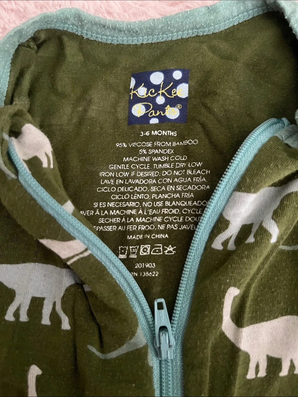 Kickee Pants Olive Green Footed One-Piece with Light Teal Dinosaur Print